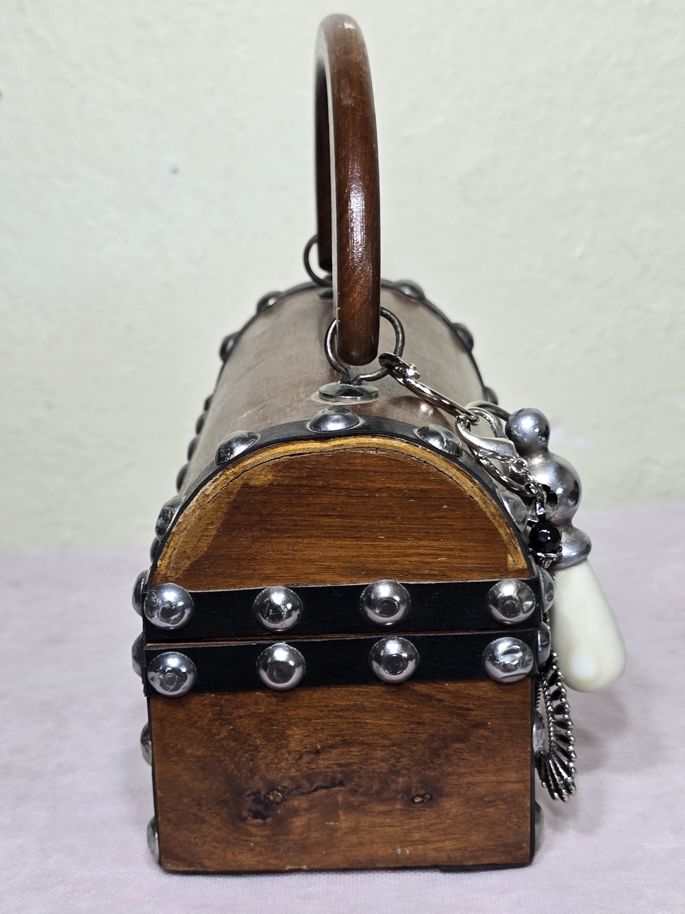 Encore Vintage Wooden Box Handbag Brown Wood Black Leather Metal Studded 1960s - Picture 11 of 16